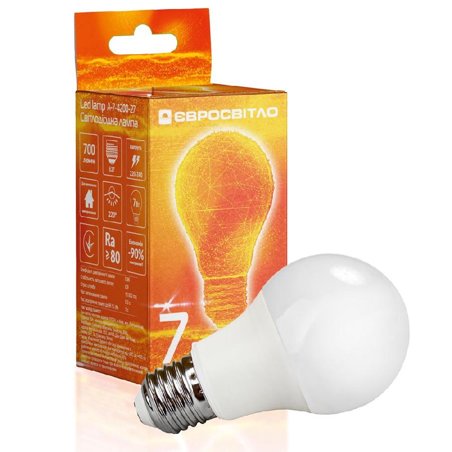 Лампа світлодіодна Євросвітло 7Вт 4200К A-7-4200-27 Е27